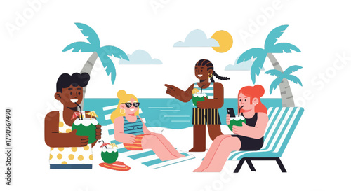 Relaxation And Refreshments: Friends Enjoying A Tropical Vacation Beach Getaway
