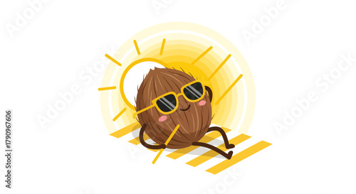 Relaxed Coconut Wearing Sunglasses Sunbathing on Beach is a Vivid Summer Illustration
