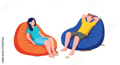Relaxed Couple Lounging Comfortably on Beanbag Chairs Against Dark Background
