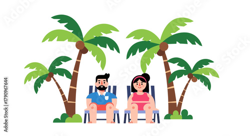Relaxed Couple Enjoying Tropical Beach Vacation, Under Palm Trees, Ideal Summer Time
