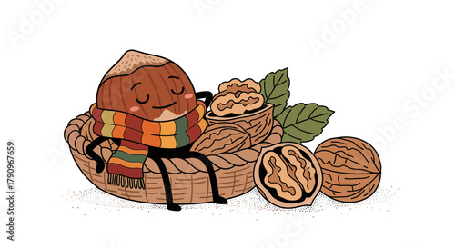 Relaxed Hazelnut Character Resting Comfortably in a Cozy Basket with Nuts and Walnuts