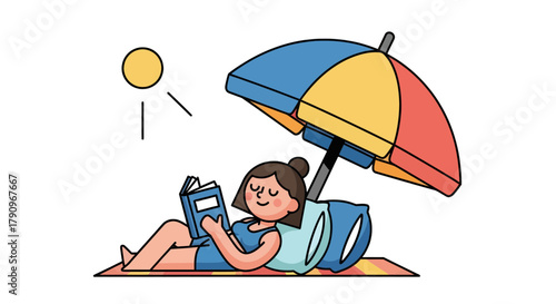 Relaxing On Beach Reading And Enjoying Summer Under Sunlight With Umbrella For Fun
