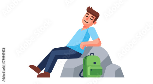 Relaxed Hiker Resting Against a Rock Enjoying Peaceful Moment After a Long Journey