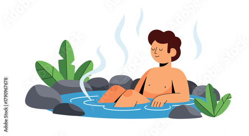 Relaxed Man Enjoying a Hot Spring Bath Under the Night Sky for Peace