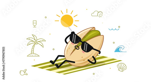 Relaxing Pistachio Kernel Enjoying Sunny Beach Day With Sunglasses, Vector Illustration