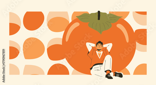 Relaxed Person Leaning Against Giant Fruit in a Contemporary Minimalist Illustration