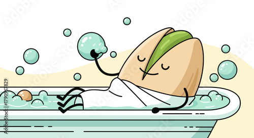 Relaxing Pistachio Taking a Relaxing Bath with Soap Bubbles in a Green Tub