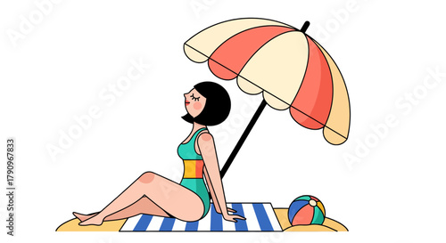 Relaxing Seaside Scene Featuring Girl Under Umbrella on Beach in a Sunny Day