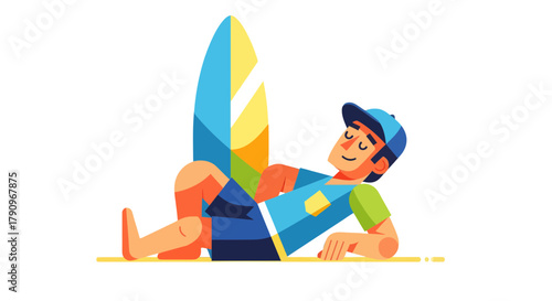 Relaxing Surfer Enjoying Summer Day In A Colorful Illustration Resting During Leisure