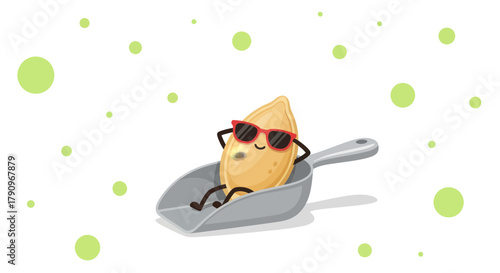 Relaxed Seed Character in Sunglasses Lounging in a Metal Scoop enjoying Summer Sunshine