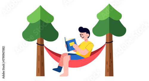 Relaxed Reader Enjoying Leisure Time, Lounging in a Hammock, Reading a Book