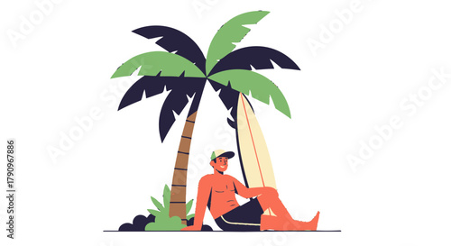 Relaxing Surfer Under Palm Tree After Enjoying The Waves On Summer Beach Travel