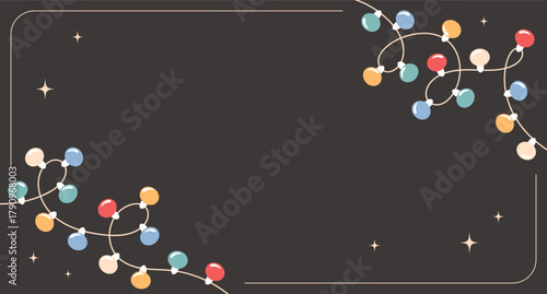 Christmas background with light bulbs and stars. Festive frame with string lights. Horizontal banner.