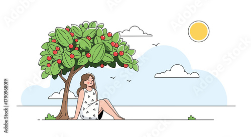 Relaxing Under A Fruit Tree During The Day With Peaceful And Blissful Feelings