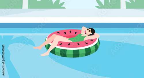 Relaxed Woman Floats in Pool on a Watermelon Float, Enjoys Summers Relaxation