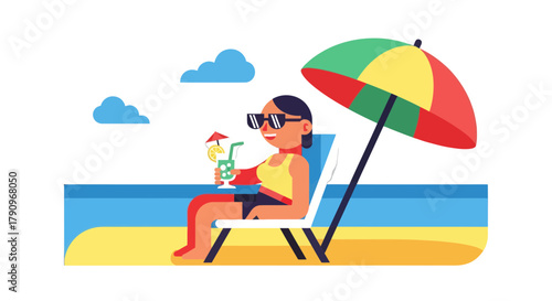 Relaxed Woman Enjoying Tropical Drink On Sun Lounger Under A Bright Beach Umbrella