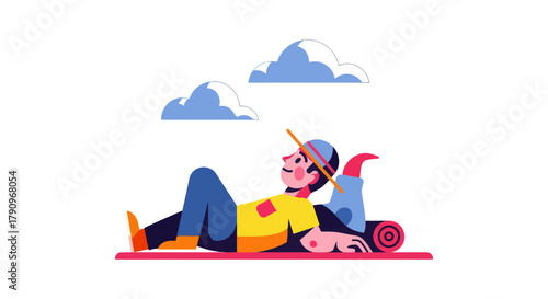 Relaxing Under Clouds: A Colorful Illustration of Leisure and Serenity in Nature's Embrace