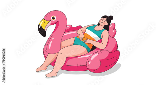 Relaxed Woman Floats On Inflatable Flamingo In Summer Holiday Illustration