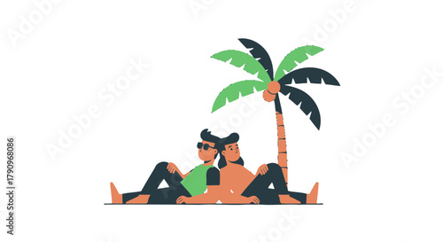 Relaxing Under Palm Tree: Two Individuals Reclining, Enjoying The Seaside Sunshine
