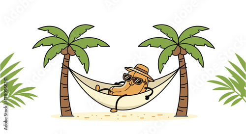 Relaxing Cashew Nut Cartoon Character Lounging in Hammock at Tropical Escape Paradise