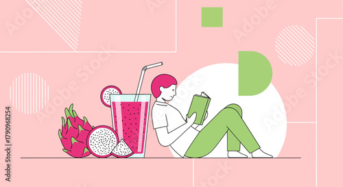 Relaxing With Refreshing Dragon Fruit Juice And Book In Modern Minimalistic Style