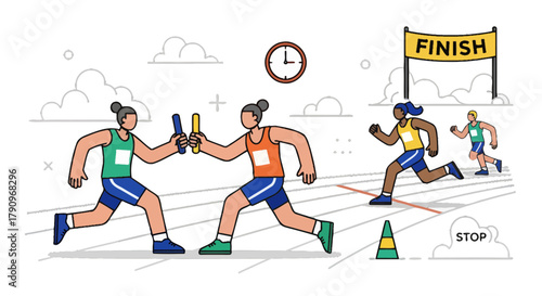 Relay Race Depiction: Runners Exchanging Baton, Sprinters, Reaching Finish Line Illustration