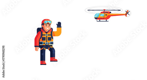 Rescue Operation Depicting A Rescuer Waving At The Approaching Helicopter