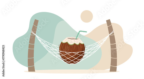 Relaxing Coconut Drink in a Hammock Represents Leisure and Tropical Vacation