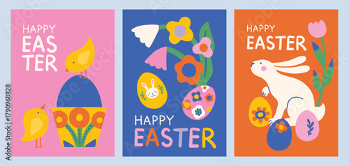 Happy easter clipart poster background set. Happy easter sunday wishes clip art collection with colorful abstract bunny, eggs and flowers decoration elements. Illustration greeting card design.