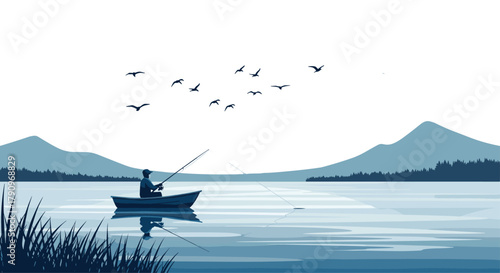 A lone fisherman casts his line into the serene lake as birds soar gracefully in the clear sky above the distant mountains.