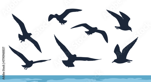 A flock of seagulls soaring gracefully over the ocean waves during a bright sunny day.