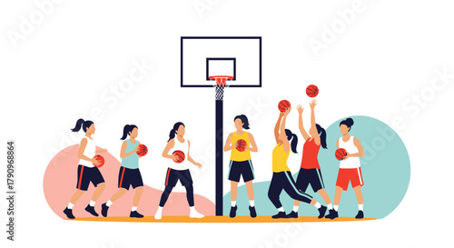 A group of diverse young women playing a competitive basketball game on an outdoor court during the daytime.