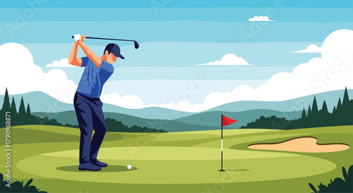 A golfer tees off on a sunny day with a beautiful scenic mountain backdrop.