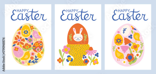 Happy easter clipart poster white background set. Happy easter sunday wishes clip art collection with colorful abstract bunny, eggs and flowers decoration elements. Illustration greeting card design.