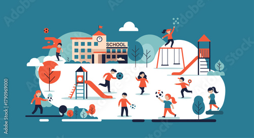 Children happily playing and learning together on a vibrant school playground with swings and slides enjoying outdoor activities and building friendships.