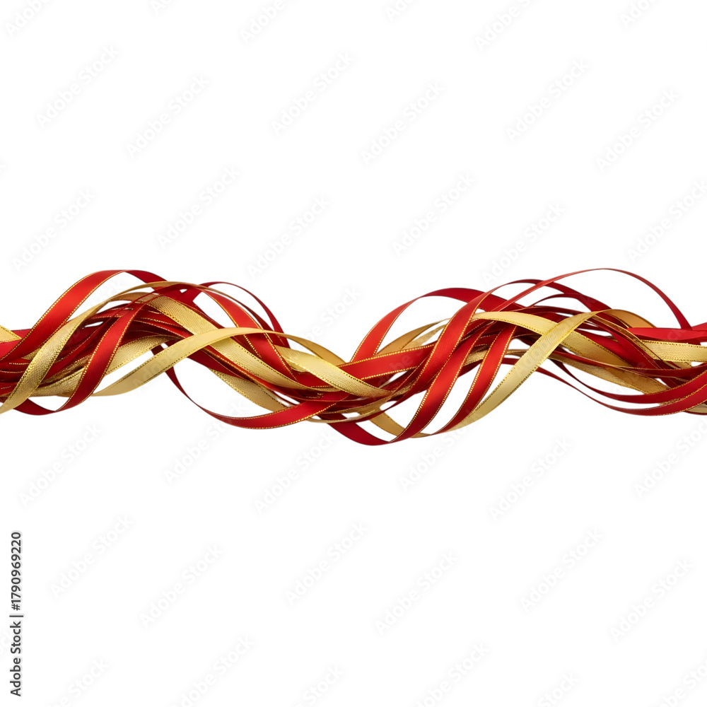 Fototapeta premium Abstract flowing red and gold ribbons twisted together isolated on transparent background