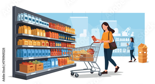 A woman pushes a shopping cart through a supermarket aisle filled with groceries.