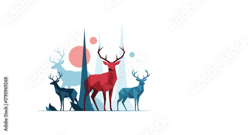 Abstract forest scene with geometric deer and trees rendered in a low poly style.