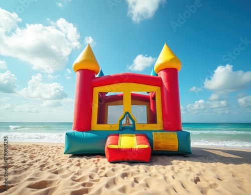 Wallpaper Mural Giant inflatable castle rests on sandy beach next to blue ocean. Bright structure with yellow turrets waits for kids fun games and outdoor recreation. Sunny day with white clouds. Torontodigital.ca