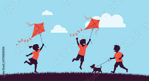 Children flying kites and a dog on a leash in a park during a clear day.