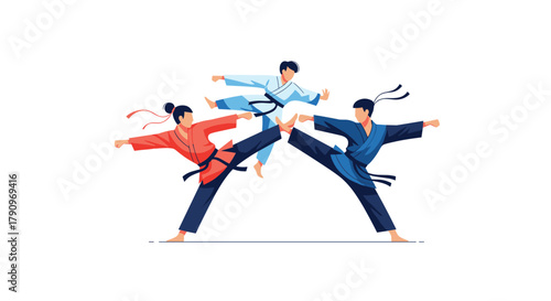 Three martial arts practitioners demonstrating powerful kicks and athletic movements in a dynamic combat scenario.