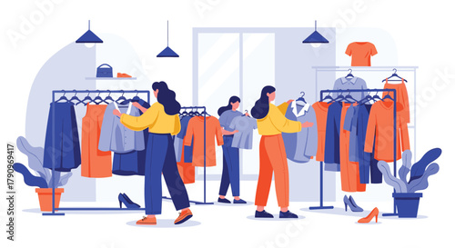 People browsing clothes on racks in a modern retail store with blue and orange decor
