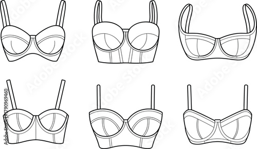 Set of women bra top technical fashion lingerie bustier balconette sewing pattern garment development printable mockup apparel template cad drawing flat vector illustration