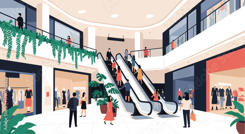 An illustration of a bustling shopping mall with escalators and shoppers browsing various stores on multiple levels.