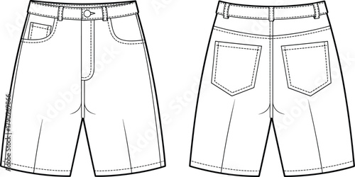 Short pants flat sketch, denim shorts technical drawing front and back view, fashion design template,  vector apparel illustration