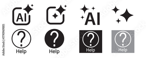 AI generator icon set, question mark icon. Help symbol. Flat design style. AI sparkling star icon with square. Artificial intelligence and machine learning technology concept. Vector illustration.