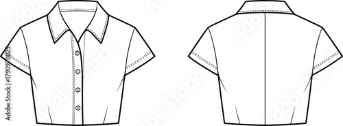 Short sleeve button shirt CAD drawing, front and back flat vector illustration, cropped fashion top design, apparel technical template sketch