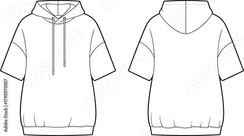 Short sleeve oversized hoodie fashion flat sketch, front and back view, technical apparel cad drawing, rib hem template for sewing production and garment mockup