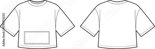 Short sleeve t shirt with front pocket technical fashion flat sketch, detailed CAD drawing apparel design illustration