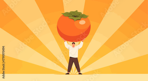 Person Holding Large Persimmon Fruit Radiating Sunlight Creative Vector Illustration